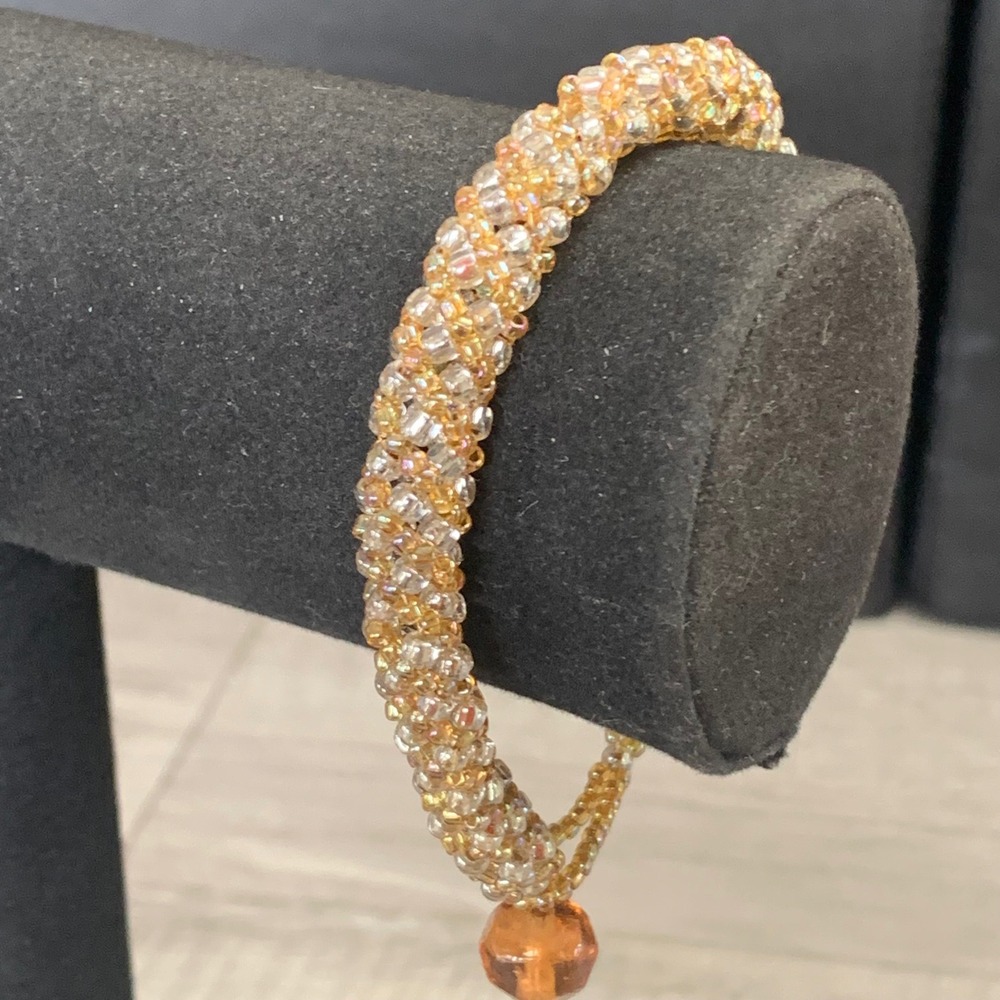 Handmade Beaded Rope Bracelet Gold Amber Iridescent Seed Bead Toggle 7 Inch